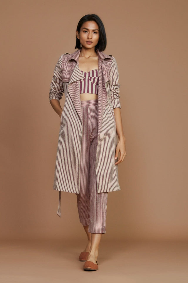 Ivory with Mauve Striped Trench & Corset Co-Ord Set (3 PCS) - Co-ord Set - Mizyana
