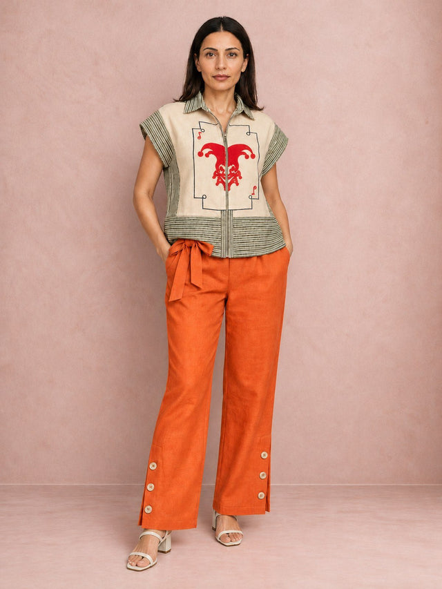 Joker Applique Shirt and Orange Button Hem Trousers Two-Piece Set - Two-Piece Set - Mizyana