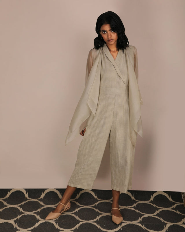 Jumpsuit And Asymmetric Organza Jacket Set - Two-Piece Set - Mizyana