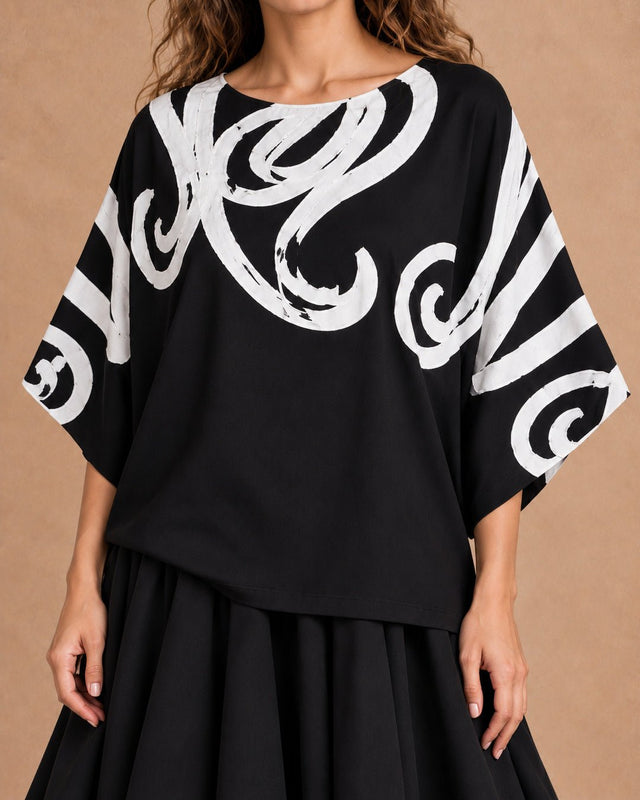 Kapu Black Swirl Applique Batwing Cotton Blouse - Blouse - Mizyana