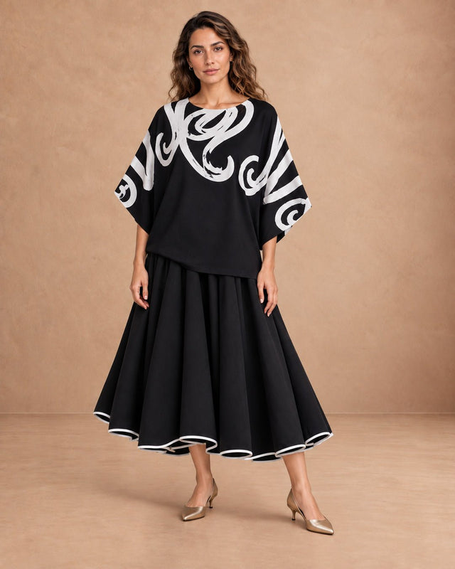 Kapu Black Swirl Applique Batwing Cotton Blouse - Blouse - Mizyana