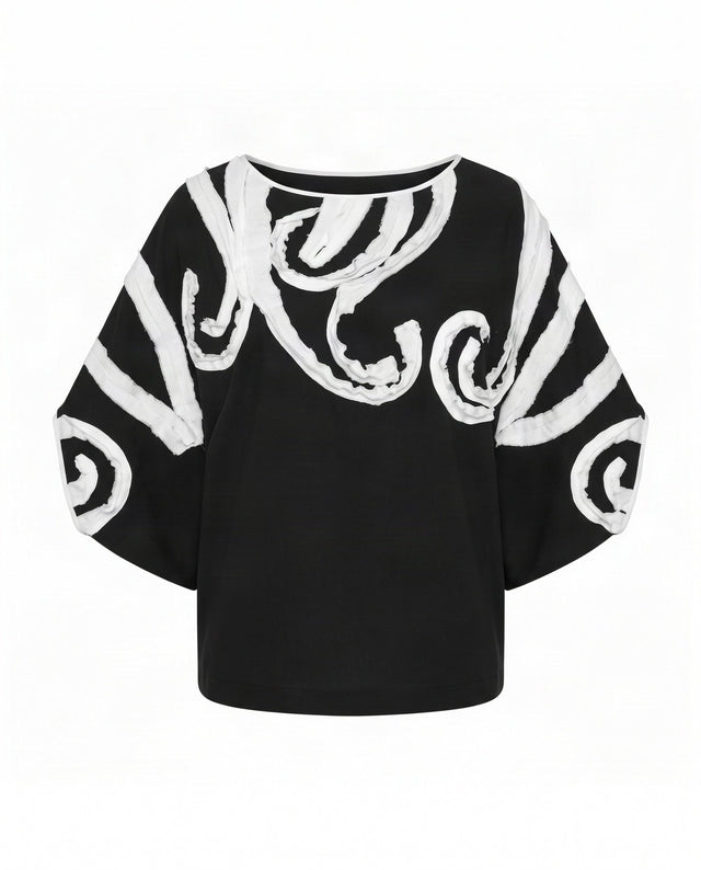 Kapu Black Swirl Applique Batwing Cotton Blouse - Blouse - Mizyana