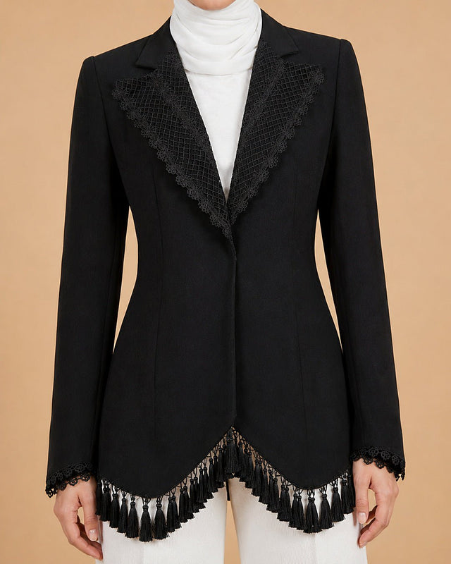 Lace Collar and Tassel Trimmed Jacket - Jacket - Mizyana