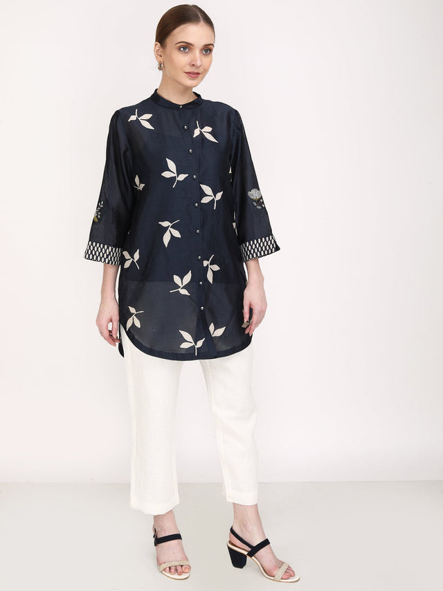 Leaf Print Embroidered Sleeve Shirt with Ivory Pants - Two-Piece Set - Mizyana