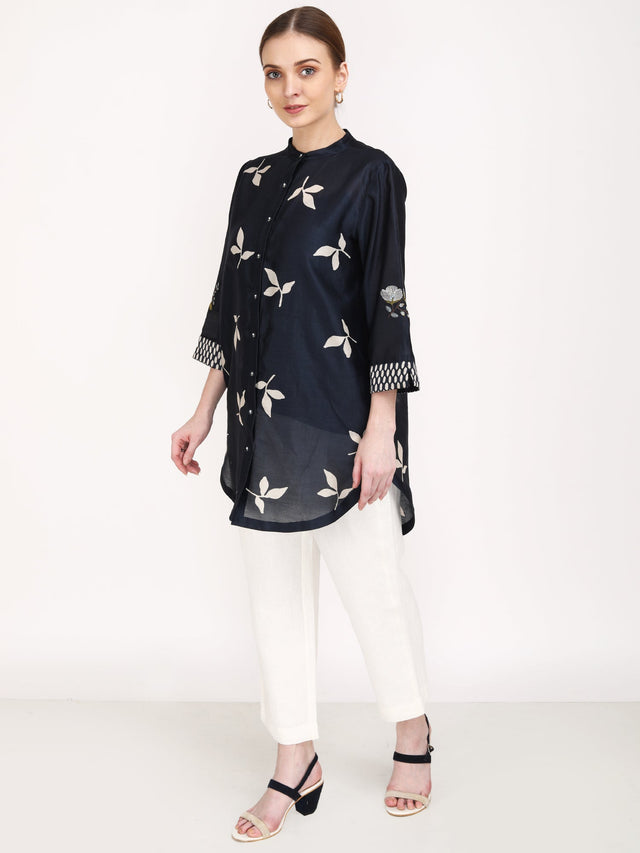 Leaf Print Embroidered Sleeve Shirt with Ivory Pants - Two-Piece Set - Mizyana