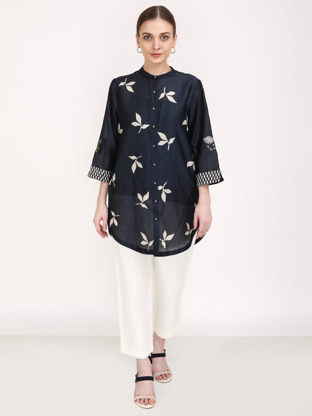 Leaf Print Embroidered Sleeve Shirt with Ivory Pants - Two-Piece Set - Mizyana