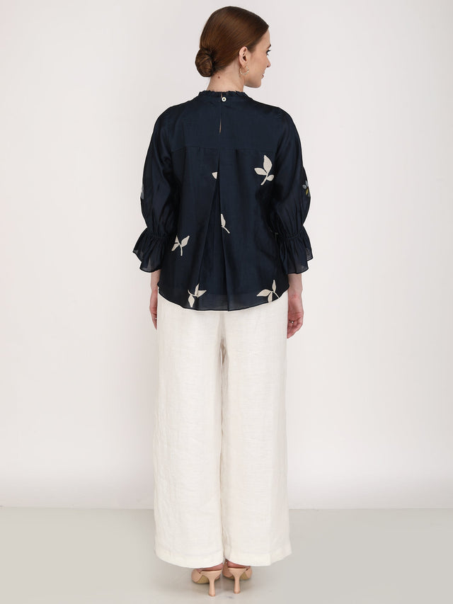 Leaf Print Front Pleated Top - Shirt - Mizyana
