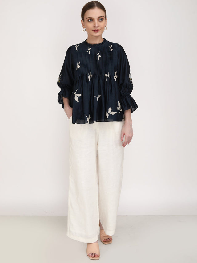 Leaf Print Front Pleated Top with Ivory Pants - Two-Piece Set - Mizyana