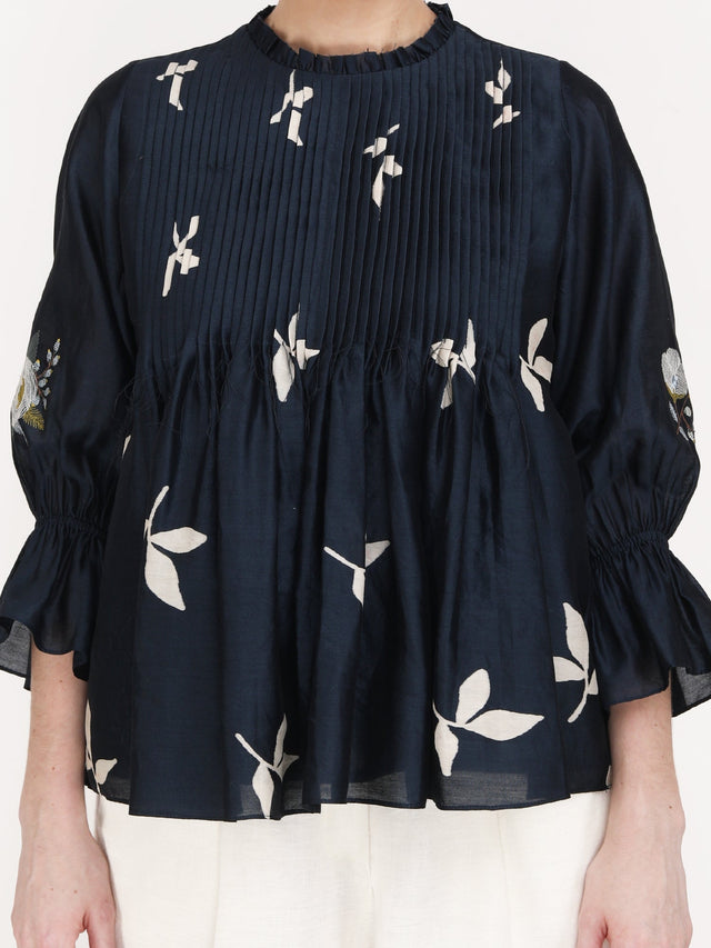 Leaf Print Front Pleated Top with Ivory Pants - Two-Piece Set - Mizyana
