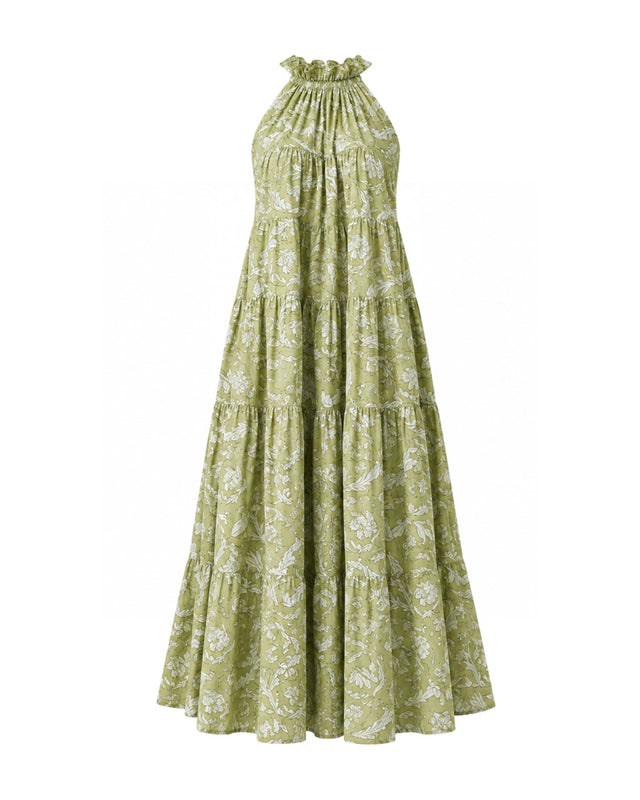 Lila Pear Green Floral Halter Maxi Cotton Dress - Dress - Mizyana