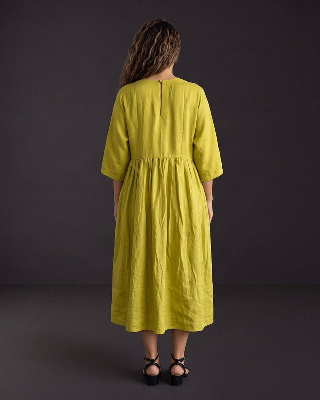 Lime Green Handwoven Mulberry Silk Kimono Sleeve Dress - Dress - Mizyana