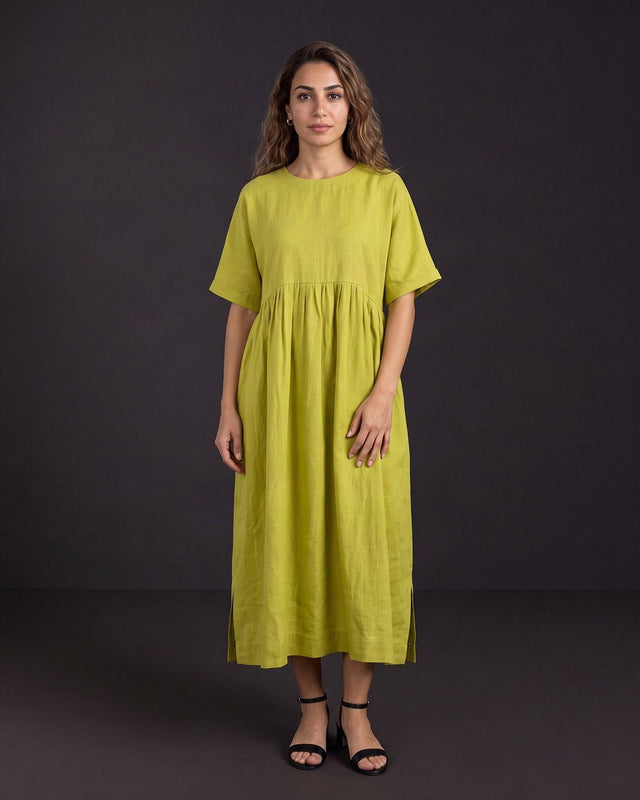 Lime Green Handwoven Mulberry Silk Kimono Sleeve Dress - Dress - Mizyana