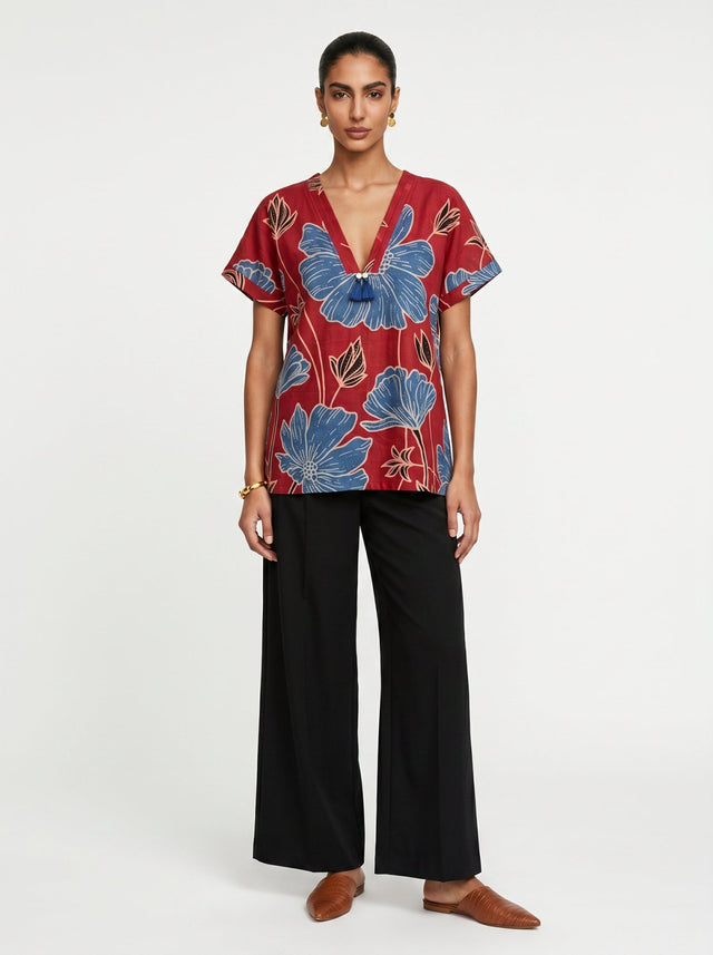 Lin Red Floral Modal Top - Shirt - Mizyana
