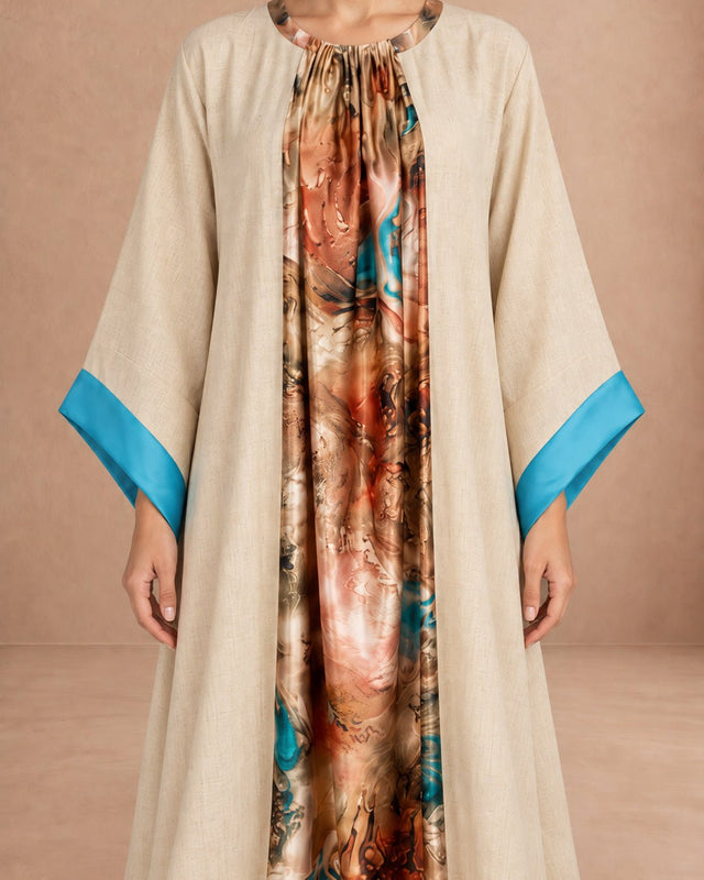 Linen Silk Panel Belted Jalabiya - Jalabiya - Mizyana