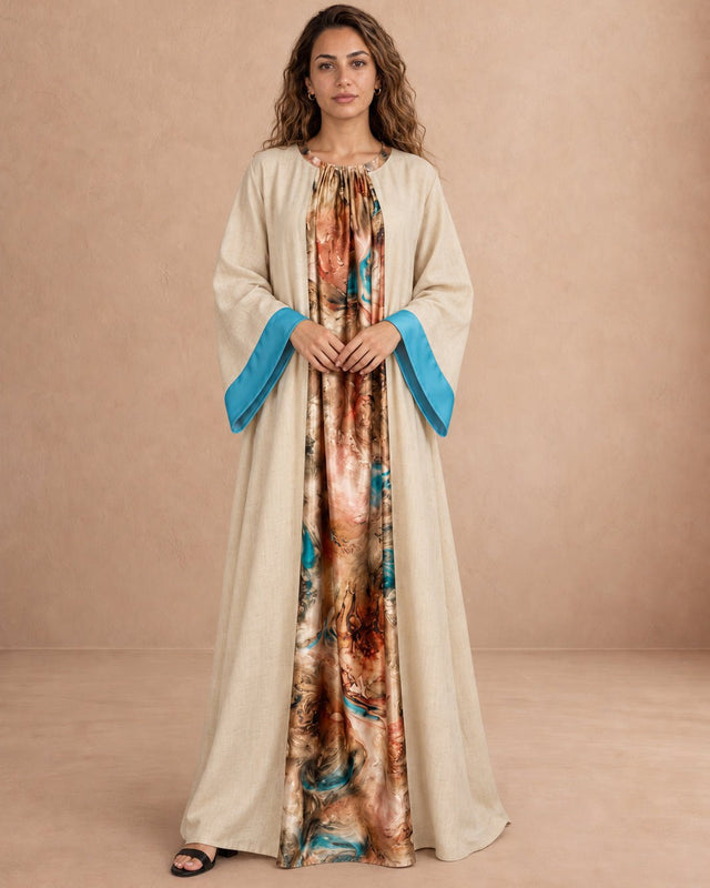 Linen Silk Panel Belted Jalabiya - Jalabiya - Mizyana