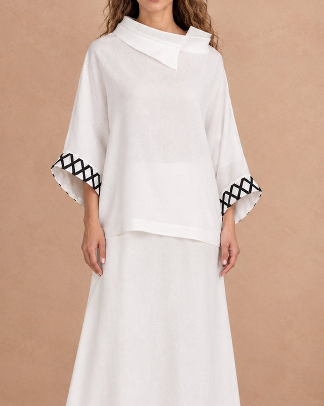Lisi Ivory Lattice Cuff Linen Blouse - Blouse - Mizyana