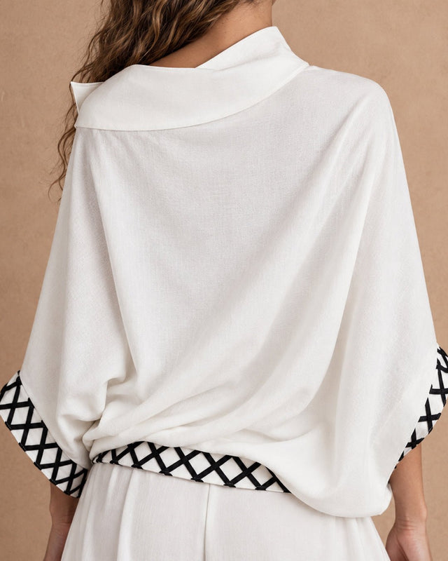 Lisi Ivory Lattice Cuff Linen Blouse - Blouse - Mizyana