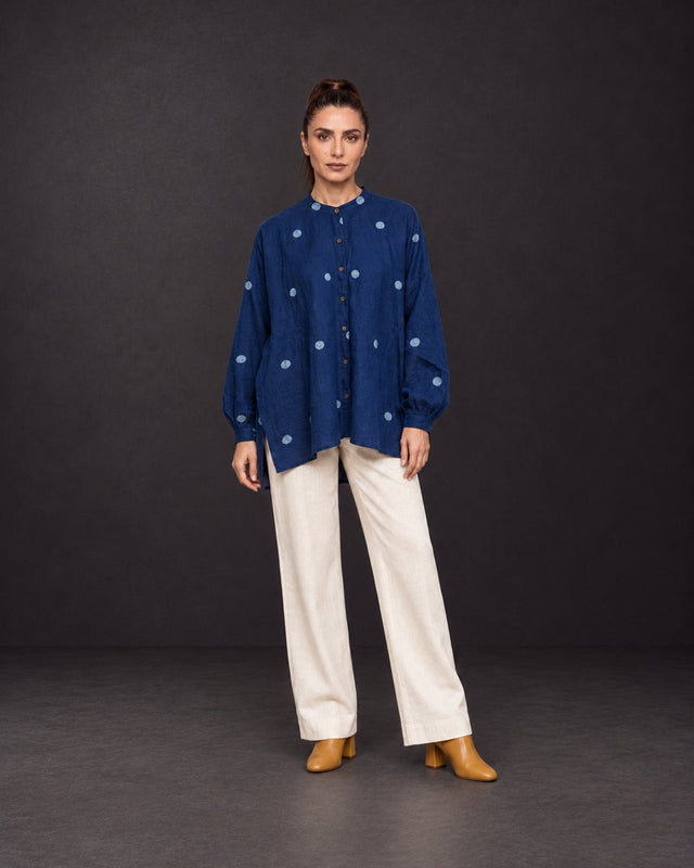 Lunar Indigo Jamdani Moon Motif Oversized Cotton Shirt - Shirt - Mizyana