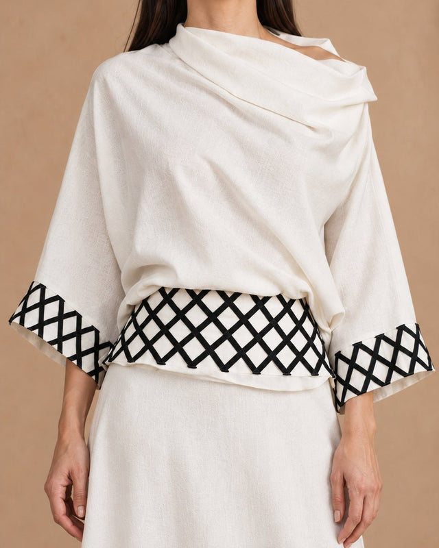 Maia Black and White Lattice Linen Tie-Back Belt - Belt - Mizyana