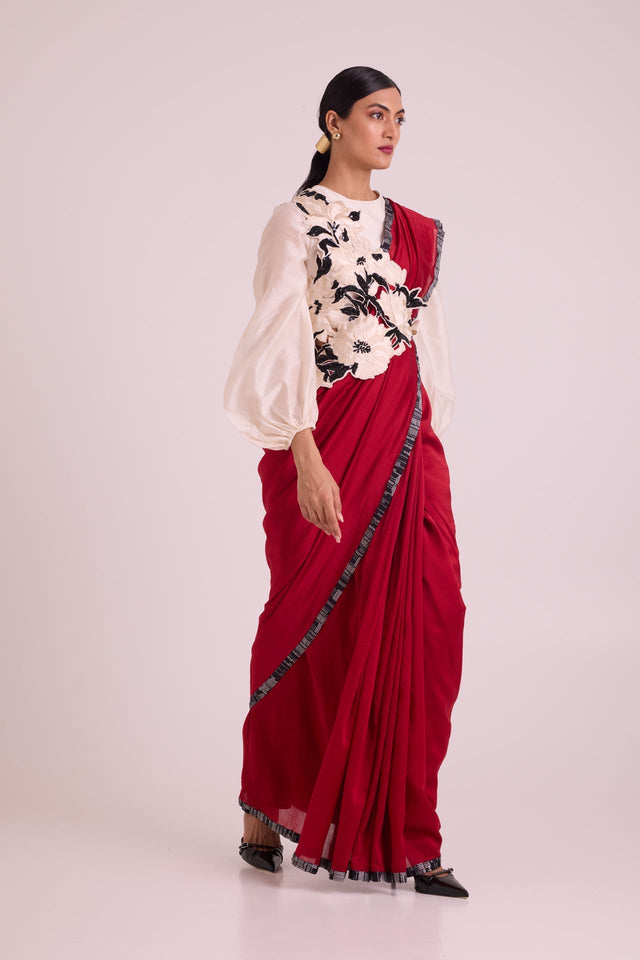 Manali - Bishop Blouse + Pre-draped Saree + Bib - Three-Piece Set - Mizyana