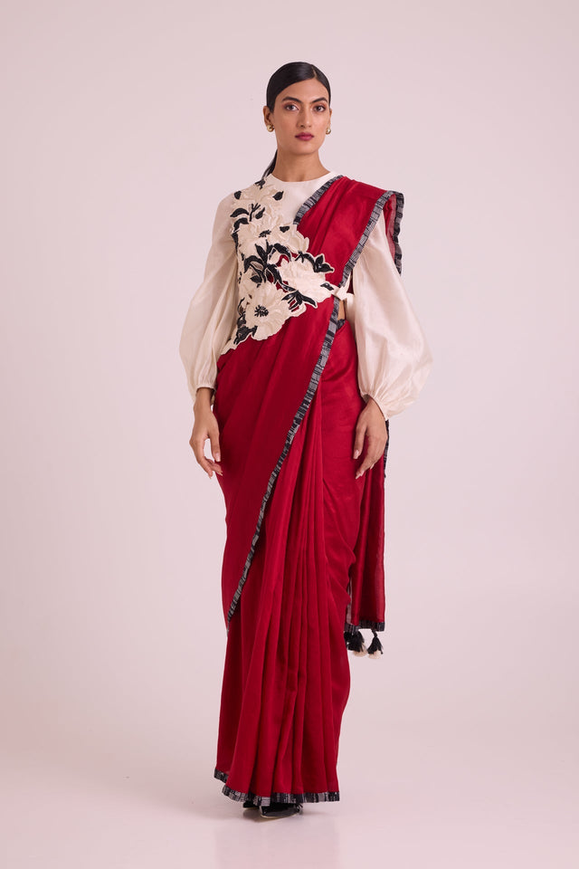 Manali - Bishop Blouse + Pre-draped Saree + Bib - Three-Piece Set - Mizyana