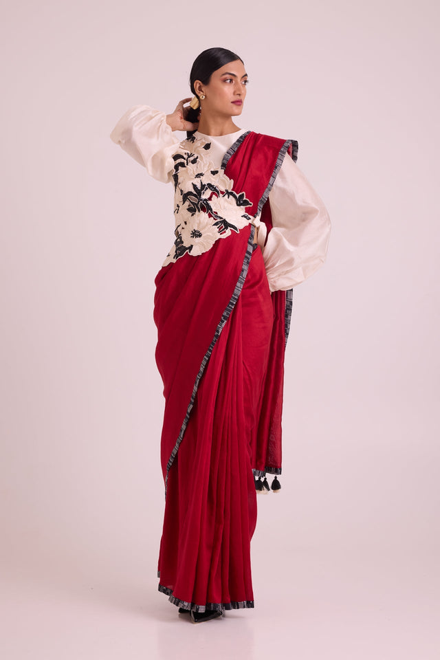Manali - Bishop Blouse + Pre-draped Saree + Bib - Three-Piece Set - Mizyana