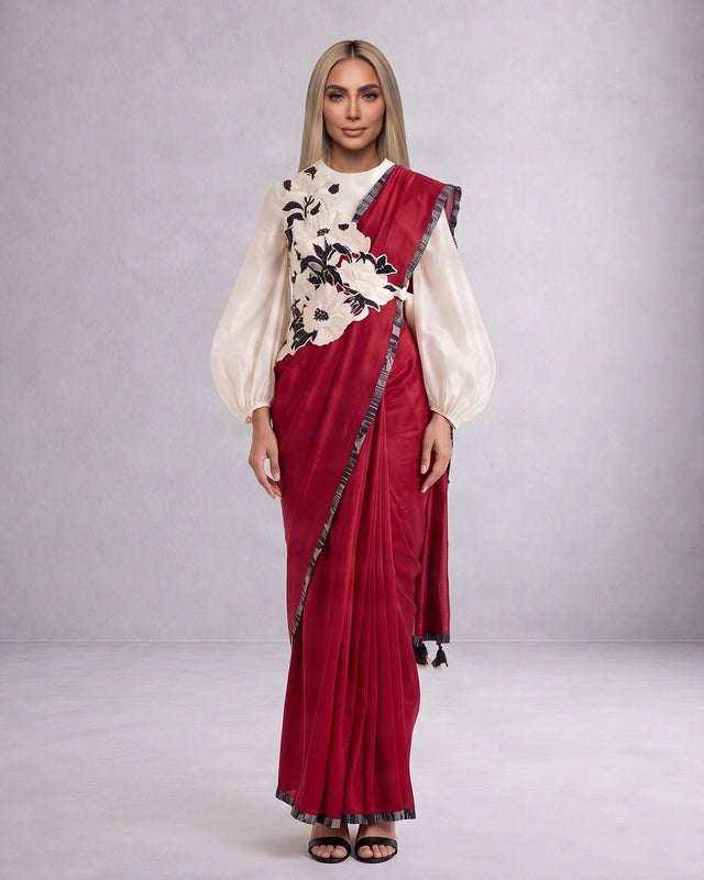 Manali Pre-Draped Saree Bishop Blouse and Bib Three-Piece Set - Three-Piece Set - Mizyana