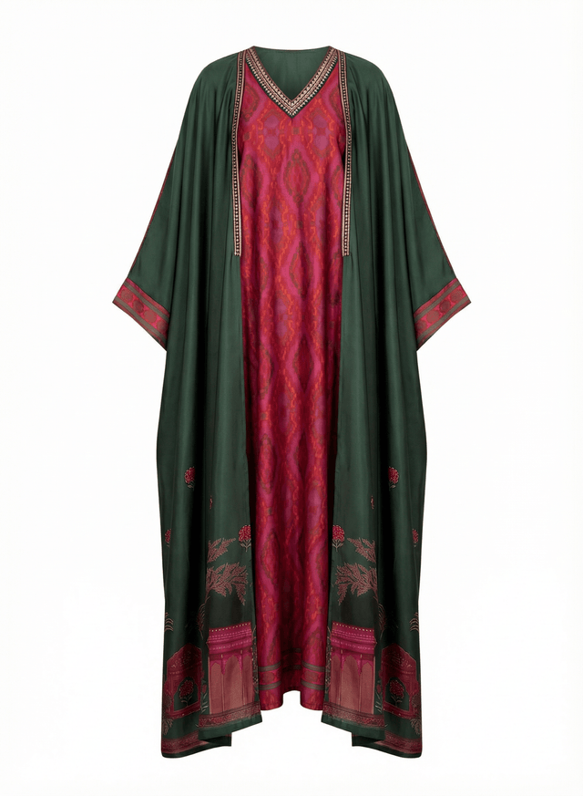 Manzare Bottle Green Cape and Fuchsia Printed Gown Two-Piece Set - Two-Piece Set - Mizyana