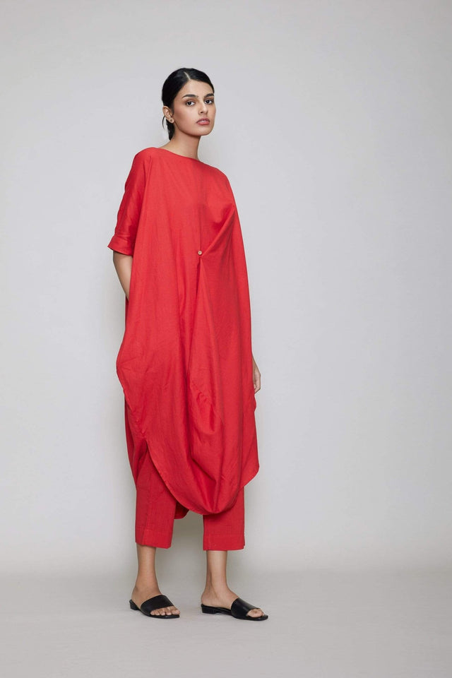 Mati Cowl Button Tunic Set - Red - Two-Piece Set - Mizyana