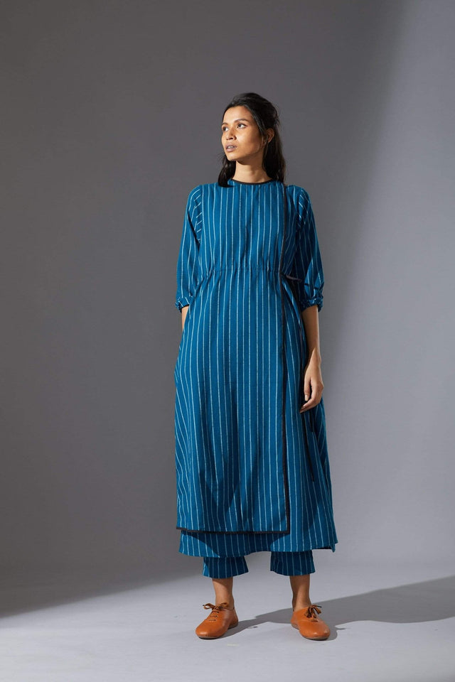 Mati Overlap Blue Striped Tunic Set with Pants - Two-Piece Set - Mizyana