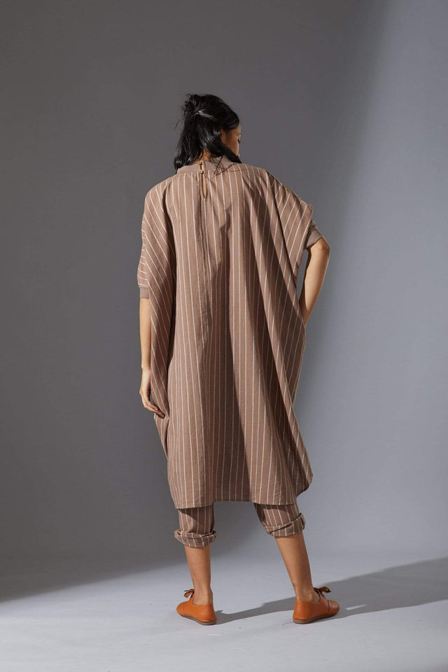 Mati Ribbed Collar Beige Cowl Tunic Set with Pants - Two-Piece Set - Mizyana