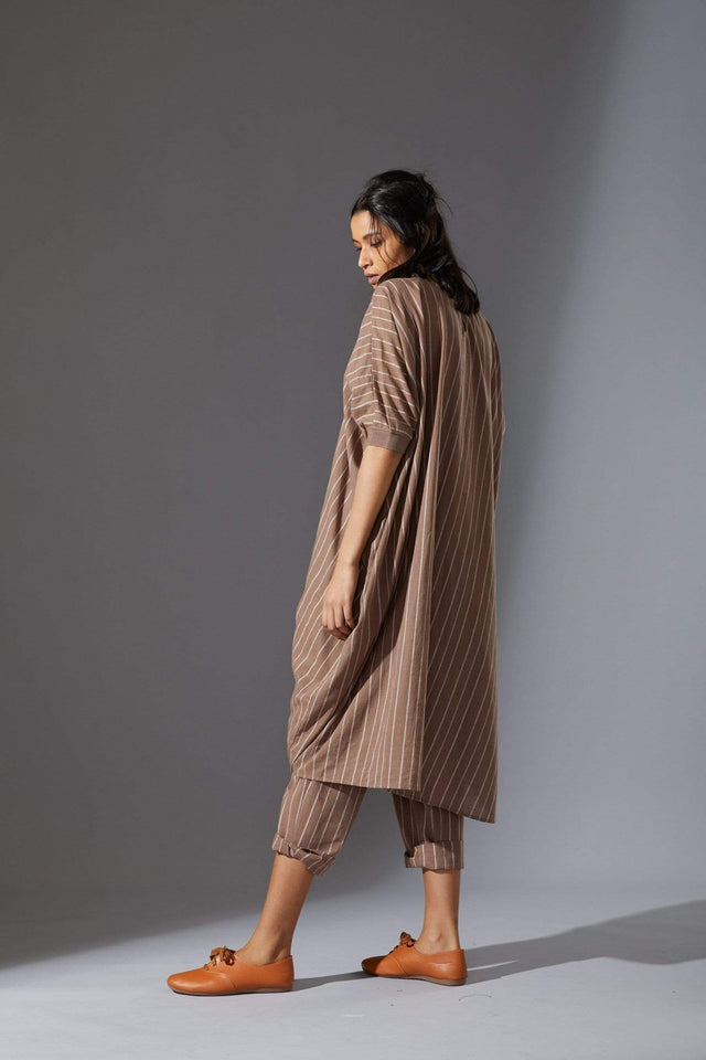 Mati Ribbed Collar Beige Cowl Tunic Set with Pants - Two-Piece Set - Mizyana