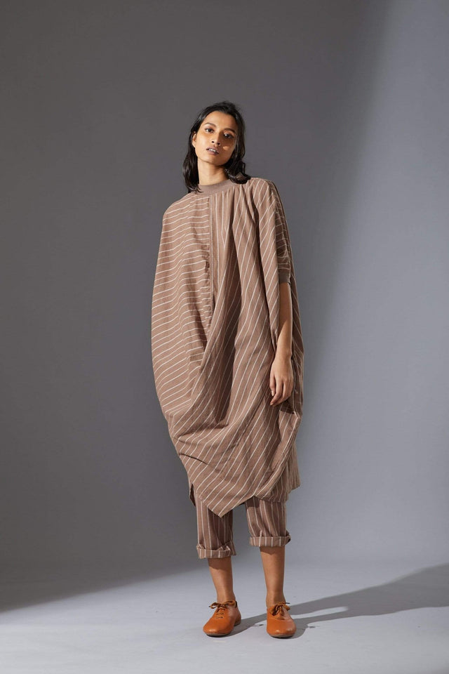 Mati Ribbed Collar Beige Cowl Tunic Set with Pants - Two-Piece Set - Mizyana