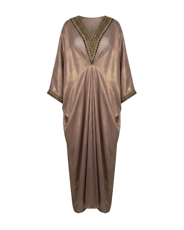 Mauve Shimmer Pleated Drape Kaftan with Zardosi Trim - Kaftan - Mizyana