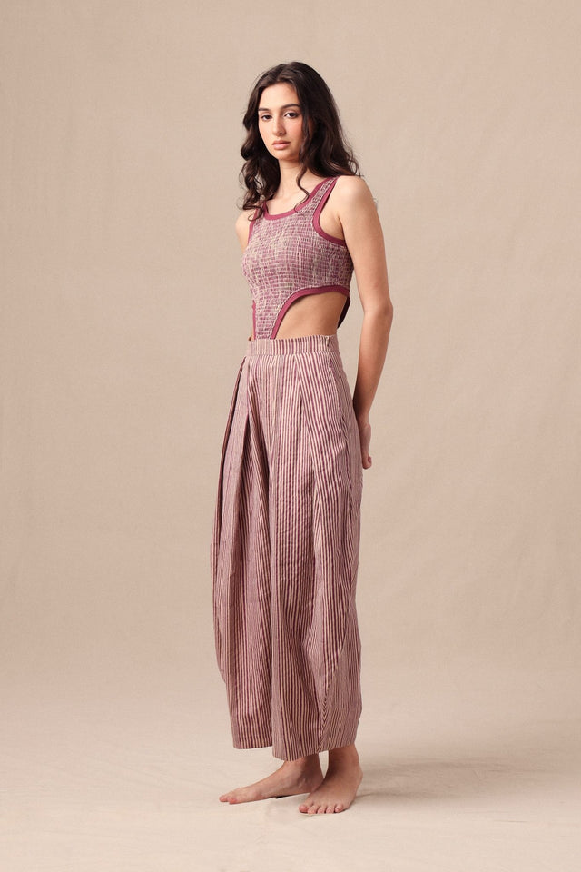 Mauve Striped Bodysuit & Barrel Pants Co-Ord Set (2 PCS) - Co-ord Set - Mizyana