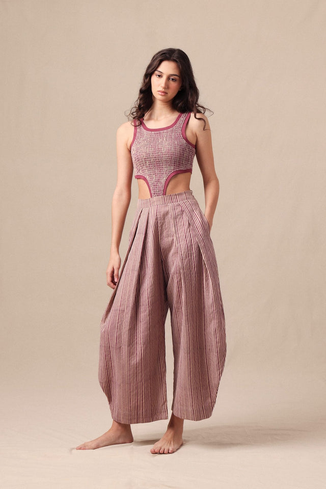 Mauve Striped Bodysuit & Barrel Pants Co-Ord Set (2 PCS) - Co-ord Set - Mizyana