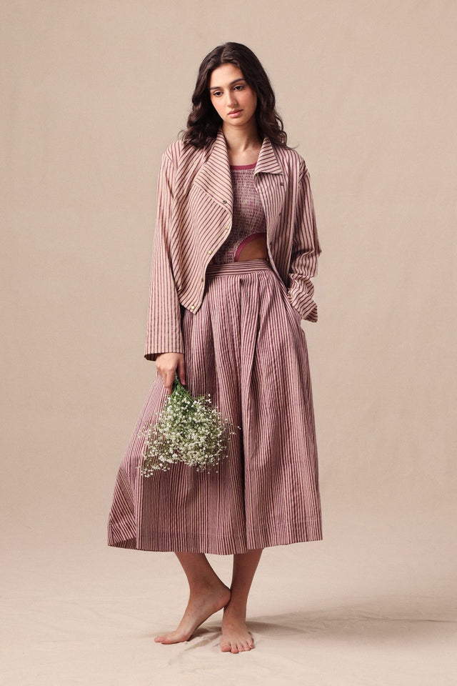 Mauve Striped Bodysuit Box Pleated Skirt and Crop Jacket Co-Ord Set (3 PCS) - Three-Piece Set - Mizyana