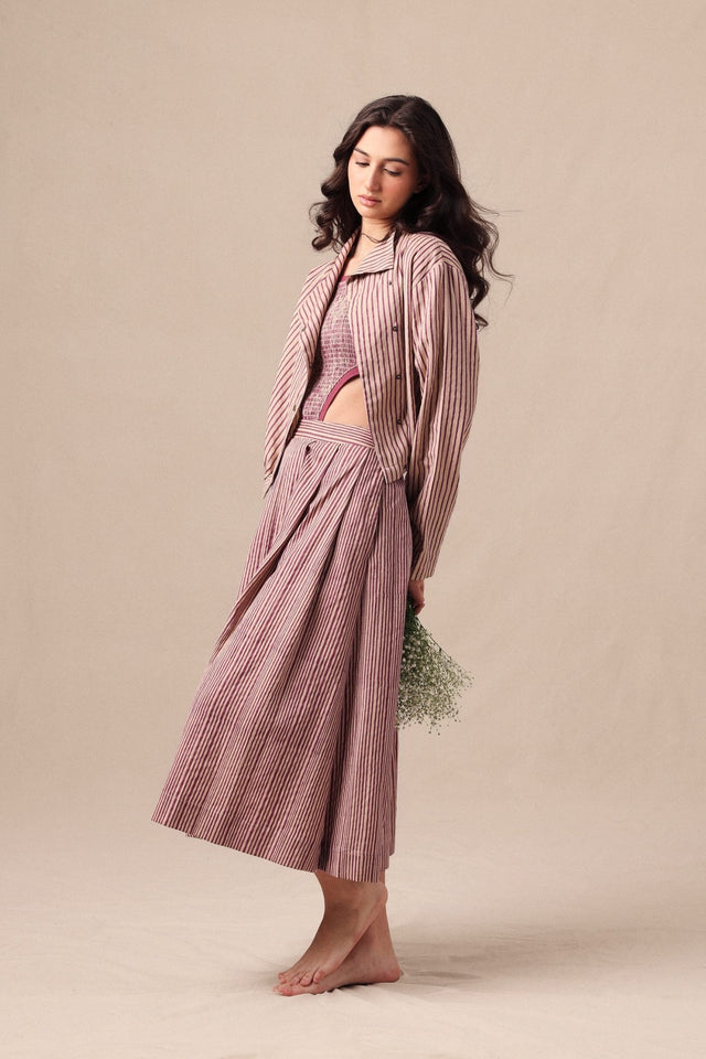 Mauve Striped Bodysuit Box Pleated Skirt and Crop Jacket Co-Ord Set (3 PCS) - Three-Piece Set - Mizyana