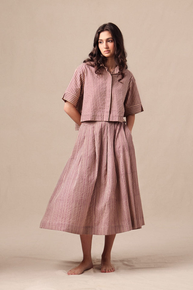 Mauve Striped Box Pleated Skirt - Skirt - Mizyana