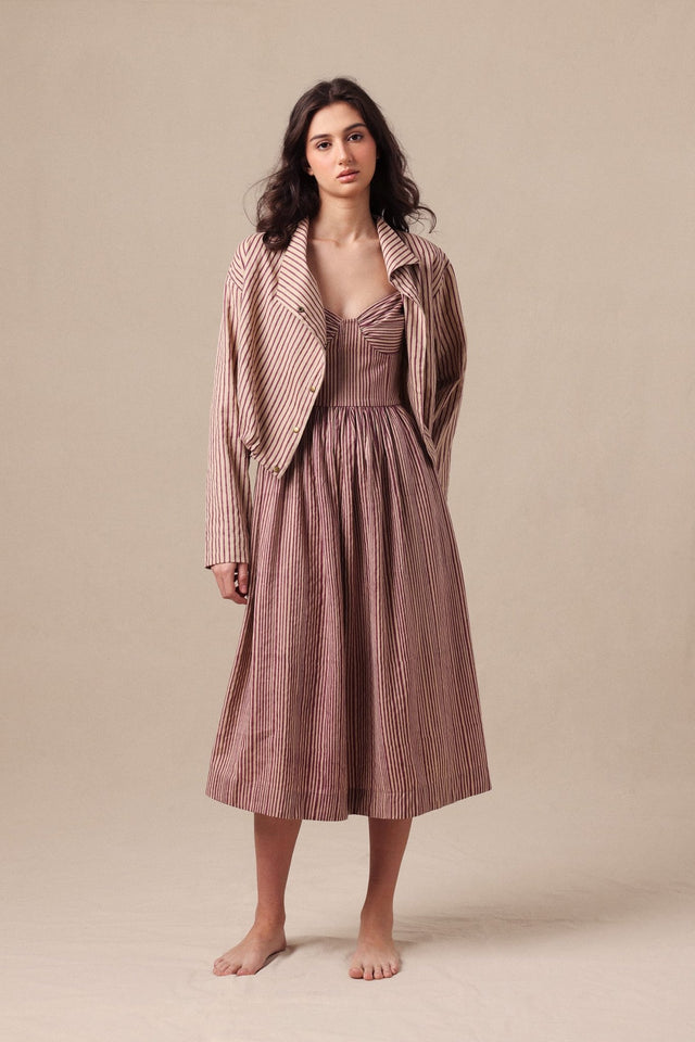 Mauve Striped Corset Dress & Crop Jacket Set (2 PCS) - Two-Piece Set - Mizyana