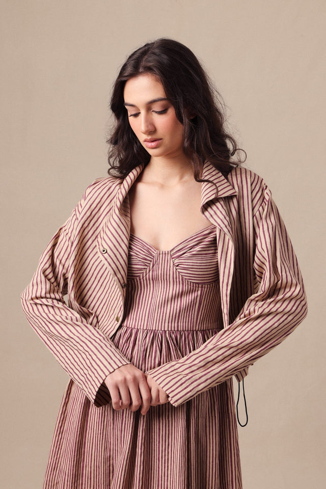 Mauve Striped Corset Dress & Crop Jacket Set (2 PCS) - Two-Piece Set - Mizyana
