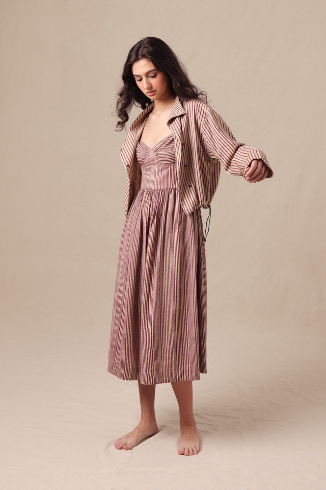 Mauve Striped Corset Dress & Crop Jacket Set (2 PCS) - Two-Piece Set - Mizyana