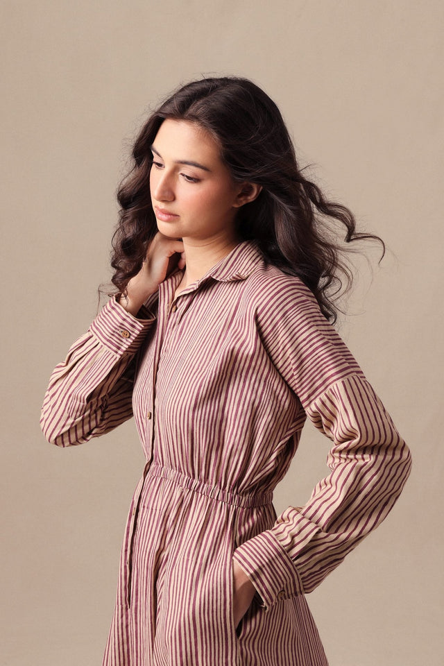 Mauve Striped Shirt Sphara Jumpsuit - Jumpsuit - Mizyana