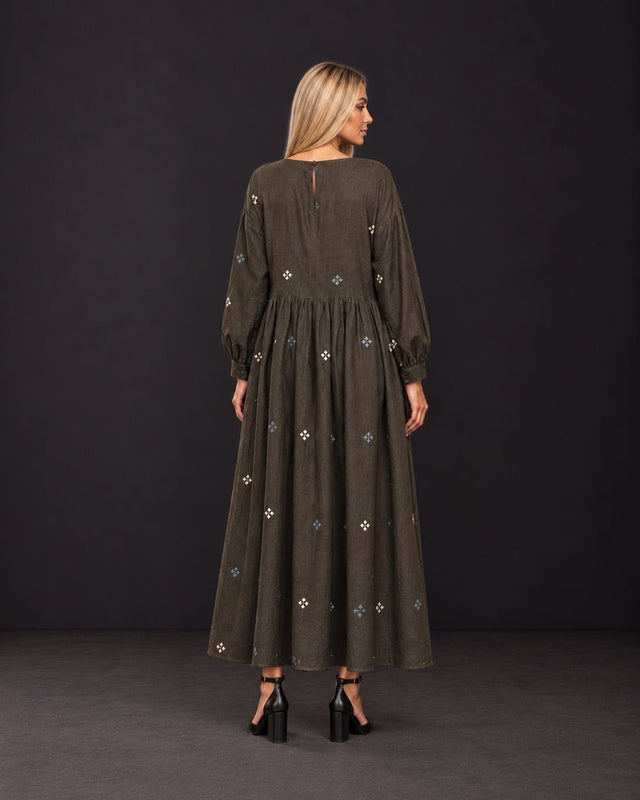 Meadow Olive Floral Handwoven Cotton Dress with Gathered Waist - Dress - Mizyana