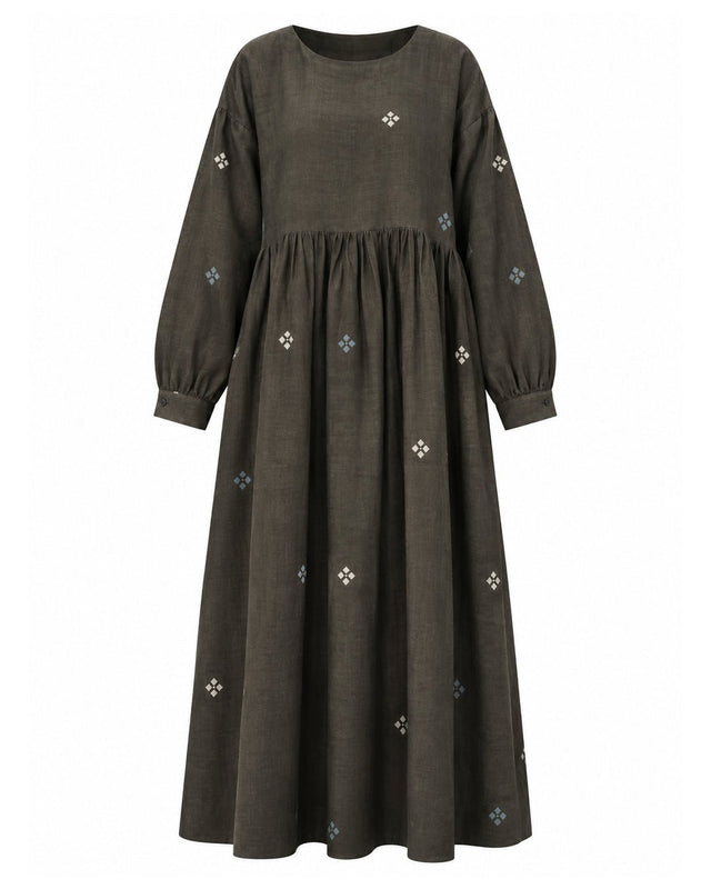 Meadow Olive Floral Handwoven Cotton Dress with Gathered Waist - Dress - Mizyana