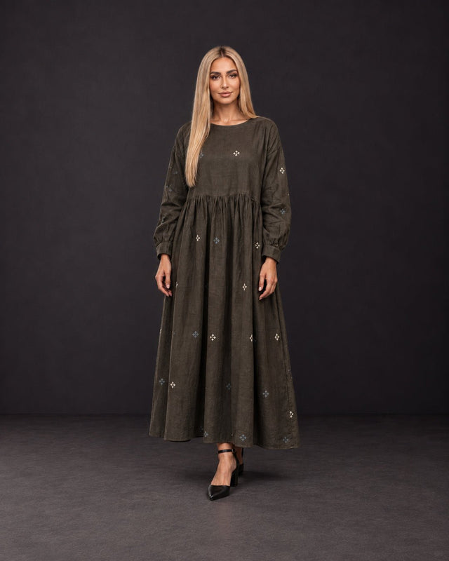 Meadow Olive Floral Handwoven Cotton Dress with Gathered Waist - Dress - Mizyana