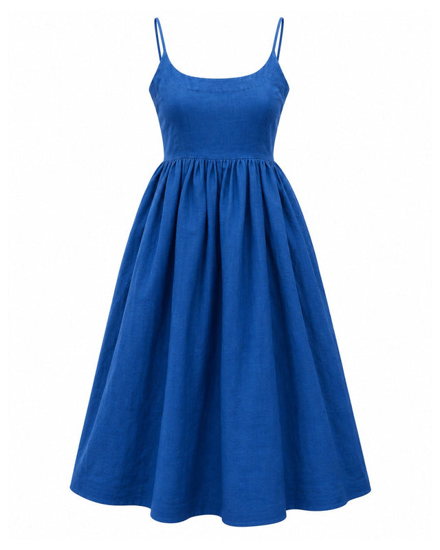 Medium Indigo Gathered Handwoven Mulberry Silk Midi Dress - Dress - Mizyana
