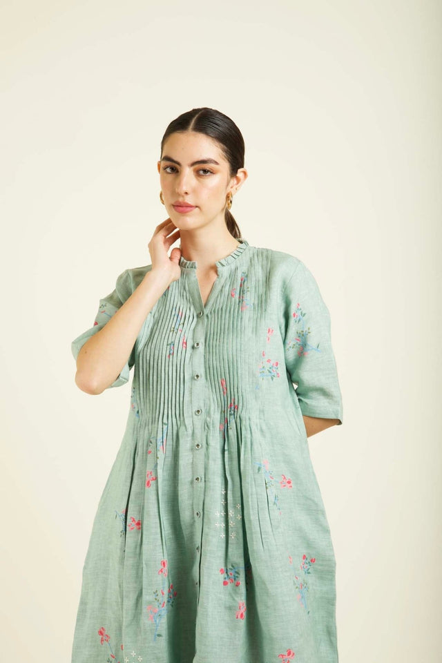 Mint Front Printed Dress In Linen With Embroidery Details - Dress - Mizyana