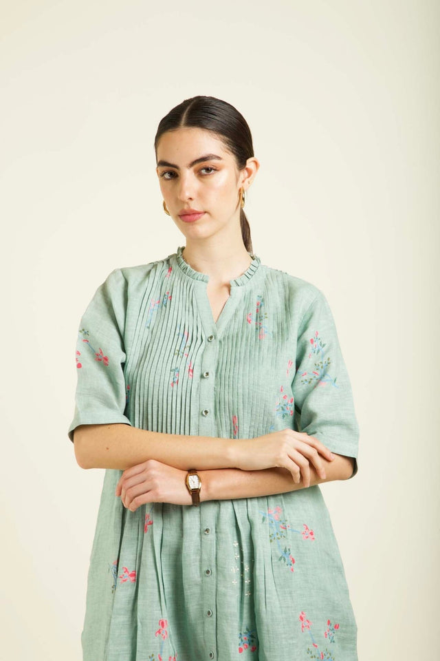 Mint Front Printed Dress In Linen With Embroidery Details - Dress - Mizyana