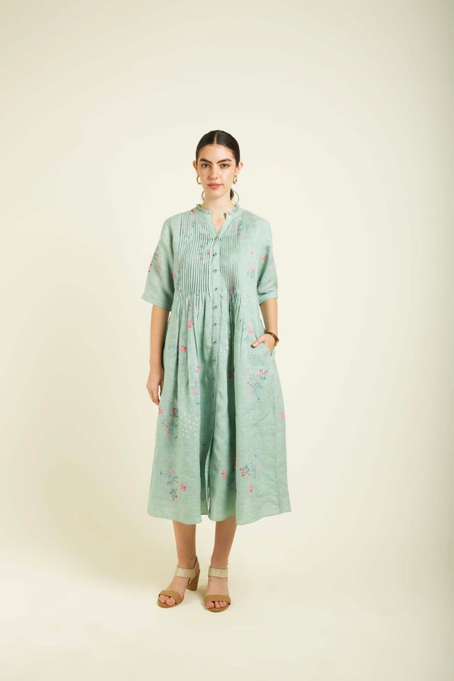 Mint Front Printed Dress In Linen With Embroidery Details - Dress - Mizyana